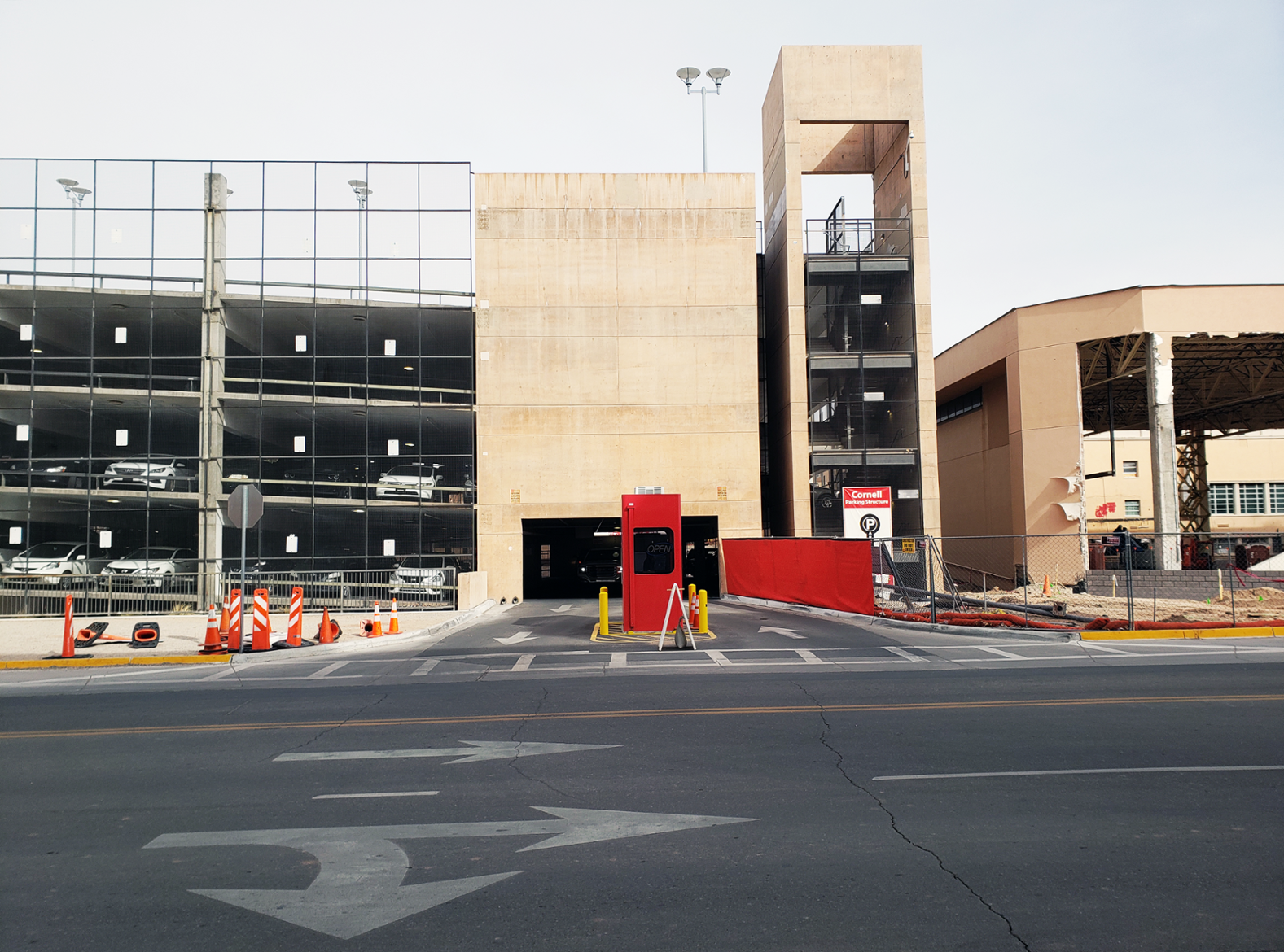 Entrance to Cornell parking structure with construction barricades